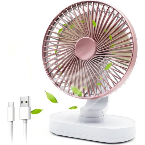 Ventilador de escritorio USB de 3600 mAh, silencioso, 4 velocidades, rotación de 360°, portátil para el hogar y el camping, diseño moderno en color rosa. (1/5)