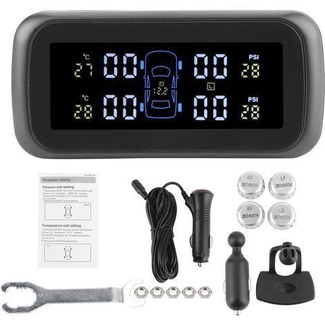 Système de surveillance la pression des pneus, jauge de pression des pneus numérique sans fil, affichage LCD, alarme fuite de pneus avec 4 capteurs, pour voitures, camping-cars et camions (1/5)