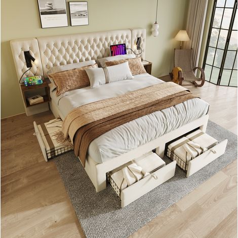Polsterbett 180/200 cm beige aus Samt mit 2 Nachttischen, Leselicht und 4 Schubladen (1/5)