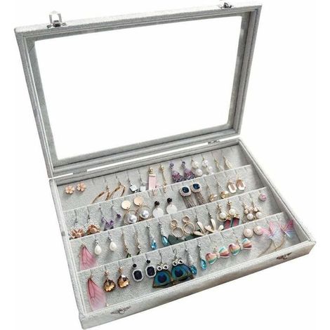Earrings Organiser, Velvet Clear Lid Earring Holder & 32 Pairs Earrings Storage Box, Jewellery Boxes Display Showcase Case Lockable, 13.78"(L) X 9.45"(W) (1/5)