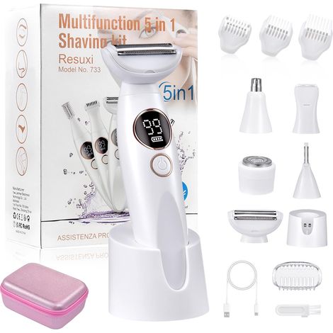 Women's Electric Shaver, 5 in 1 Electric Hair Remover, USB Rechargeable Painless Shaver, IPX7 Waterproof Female Intimate Trimmer for Face, Arms, Legs, Armpits (1/5)
