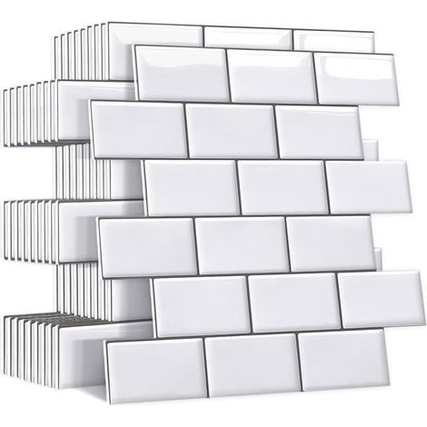 Carrelage mural adhésif imitation blanc pour dosseret de cuisine, carrelage mural adhésif 3D en PVC , 10 pièces, 30 x 30 cm (1/5)
