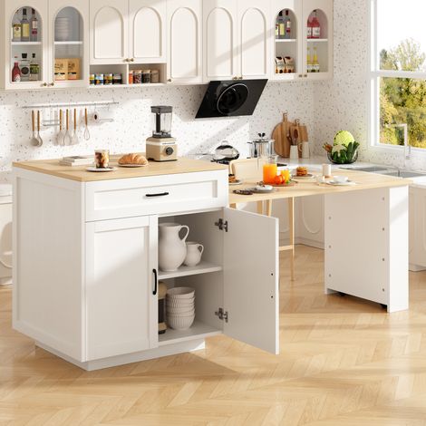 MODFU – Mesa alta extensible 133-202x70 cm de MDF con almacenamiento, cajón y ruedas bloqueables para cocina o salón – Blanco (1/5)