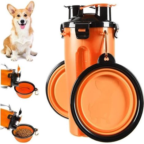 Bouteill d'eau pour Animaux 2 en 1 Bouteille d'eau Conteneur et Nourriture pour Chiens d'alimentation 2 Bols Pliables (1/4)