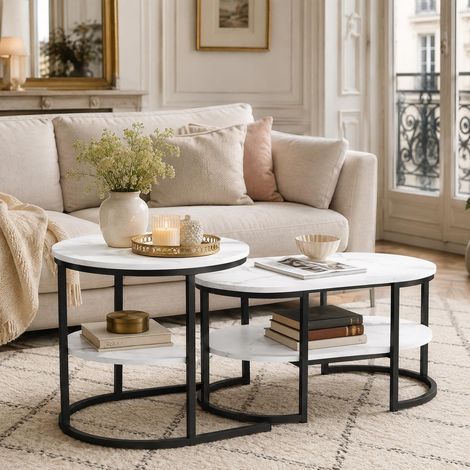 Lot de 2 tables basses gigognes, Table de salon et bout de canapé design scandinave chic, Double plateau effet marbre et métal 80x46x41cm, Noir (1/5)