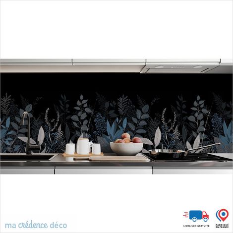 Crédence : Dessin et fleurs sauvages noires 7 - Couleur bleu roi - Alu composite - 60 - 120 (1/3)