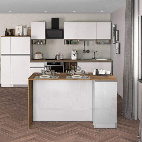 WHOUS Isola Cucina SOLE con 2 ante, tavolo da pranzo e piano di lavoro, ideale per open space e spazi ridotti, 160x90x90 cm, bianco lucido e rovere