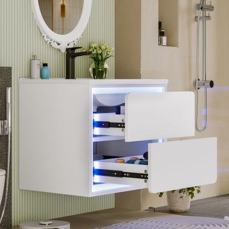 Armoires de salle de bain murales 60×46×50 cm, finition laquée complète, éclairage LED à capteur radar, deux tiroirs, glissières silencieuses, lavabo avec vasque intégrée, blanc