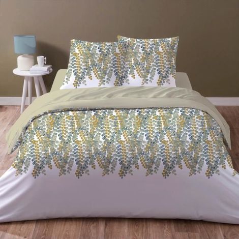 Tendance Perso - Parure Housse de couette 1/ 2 pers 100% coton Feuillage 200x200 cm et 2 taies carrés 63 cm x 63 cm qualité