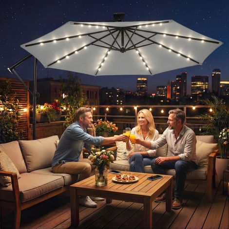 Parasol solaire à LED. env. Ø 300 cm. orientable. avec manivelle et housse de protection. gris clair