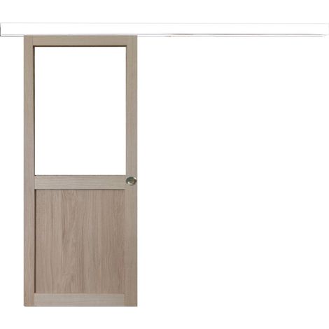 Porte Coulissante Atelier placage chene Vitree H204 x L73 + Rail Alu Bandeau Blanc et 2 Coquilles (1/5)