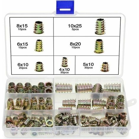 Lot de 120 écrous hexagonaux - En alliage de zinc - M4 M5 M6 M8 M10 - Avec inserts filetés pour meubles en bois - Avec boîte en plastique (1/5)