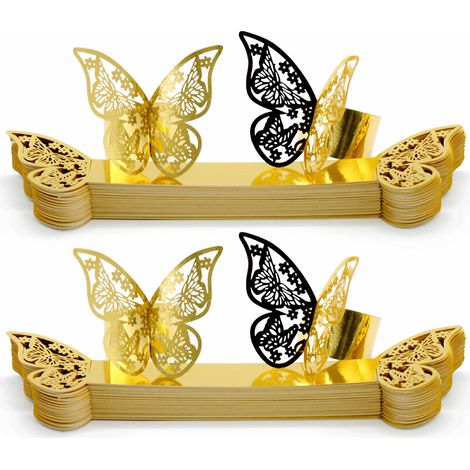 Anillos para servilletas de papel premium de la Colección Mariposa, 3D, oro/plata, paquete de 50/100, 22 x 6 cm, para ocasiones elegantes. (1/5)
