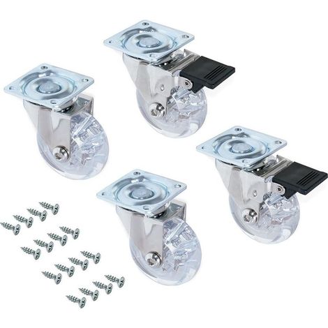 Set mit 4 Lenkrollen für Möbel, 50 mm Durchmesser, mit Montageplatte und Kugellager, transparente Gummirollen (1/5)