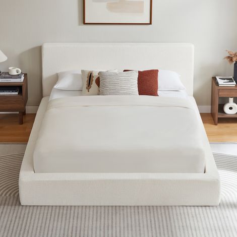 Cama doble 160x200 cm de espuma y acero blanco crema, cabecero acolchado, sin colchón – MEUBLIV (1/5)