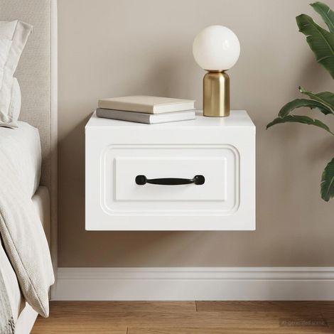 Table de chevet murale avec tiroir et éclairage LED, bois d’ingénierie blanc, 34,5 x 33 x 20 cm - PANGIVO (1/5)