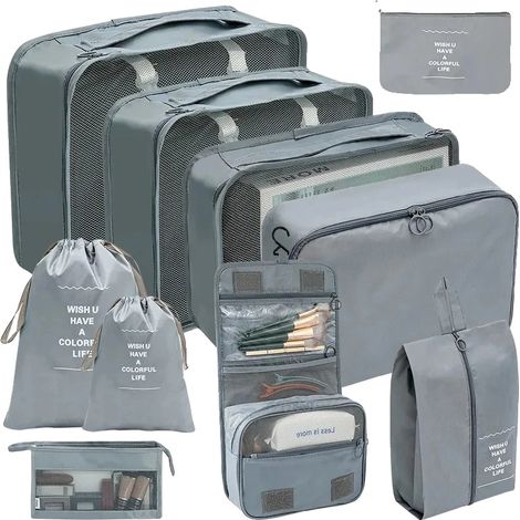 Cubi portaoggetti, set organizer da viaggio, soluzione salvaspazio, 10 pezzi, colore grigio (1/2)