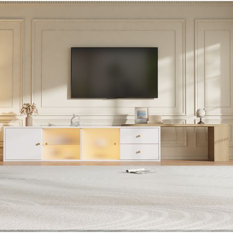 Mobile TV 175x40x38 cm bianco e naturale in pannelli di legno, estensibile, FloraGrace (1/5)
