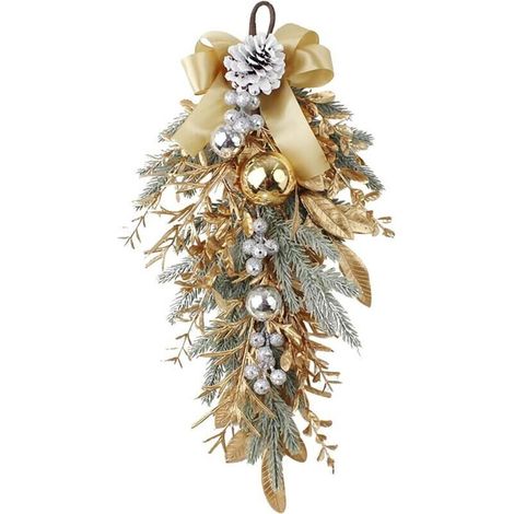 Weihnachtskränze für die Haustür, goldene tropfenförmige Weihnachtsgirlande mit Tannenzapfen, goldenen Kugeln, Zweigen und Beeren für Kamin, Fenster, Tischdekoration, Weihnachtsdeko