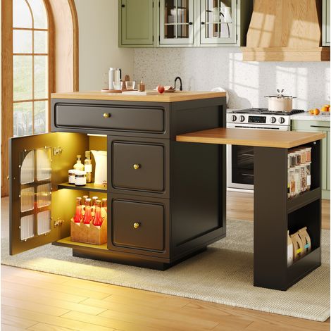 Isla de cocina extensible 195,5x59x93,5 cm en MDF negro con LED, ahorro de espacio - MEUBLIV (1/5)