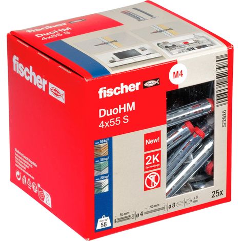 Cheville Bi-Matière DuoHM 4 x 55 pour Corps Creux, avec Vis à Tête Cylindrique, Empreinte PZ, Boite de 25 (1/5)