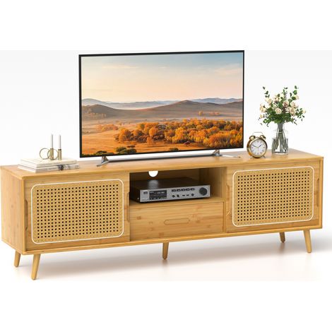 Wohnzimmer-TV-Gerät, 140 cm TV-Tisch mit Rattan, 2 Ebenen, Bambus-Schlafzimmer-TV-Gerät, mit Stauraum, Natur