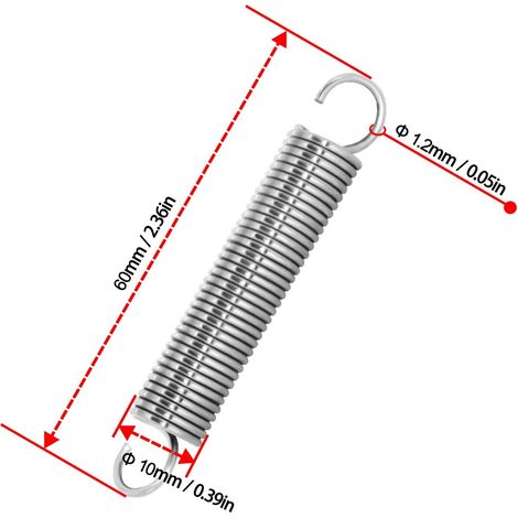 10 ressorts de traction en acier inoxydable avec crochet, ressort de tension, 60 mm, longueur libre, diamètre extérieur 10 mm, diamètre du fil 1,2 mm, force de traction maximale 3,3 kg, 1,2 x
