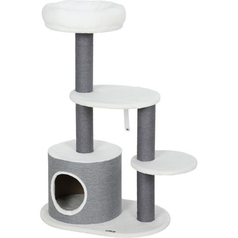 Árbol para gatos con cueva, cama, plataformas y postes de yute, blanco/gris