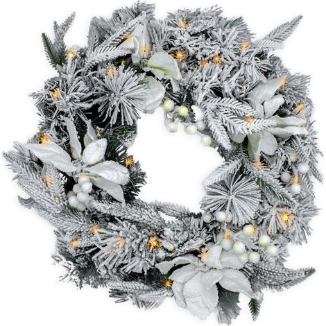 LED Tannenkranz mit Schnee und Blumen warm weiß beleuchtet - 51 cm mit 35 LED - Weihnachtskranz Batterie betrieben mit Timer - Tischkranz Türkranz Deko Kranz für Weihnachten Advent
