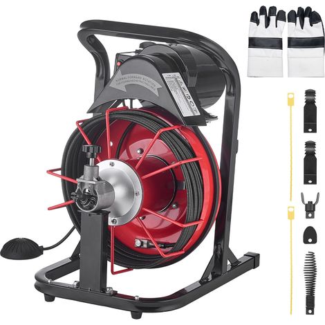 Déboucheur électrique 15m x 8mm, furet assainissement à avance automatique avec 4 têtes de coupe et interrupteur pédale pneumatique pour canalisations de 50 à 100mm (1/5)