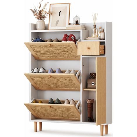 Scarpiera salvaspazio in MDF con effetto rattan, 3 ante a ribalta, 1 cassetto, ripiani regolabili e gambe in legno, per ingressi stretti CHICFURN (1/5)