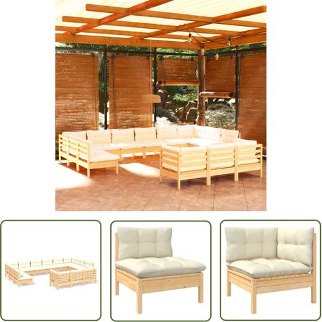 Salon de jardin 13 pcs - Canapé de jardin - Ensembles de Meubles d'exterieur - avec coussins crème Bois de pin Chic-743400 (1/5)