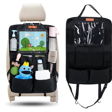 Organisateur Voiture Enfant, Protection Siège Arrière Tissu Oxford Imperméable Anti-Saleté, Rangement Multi-Poches avec Grande Poche pour Jouet et Livres, Accessoire Auto Intérieur, Noir (1/5)