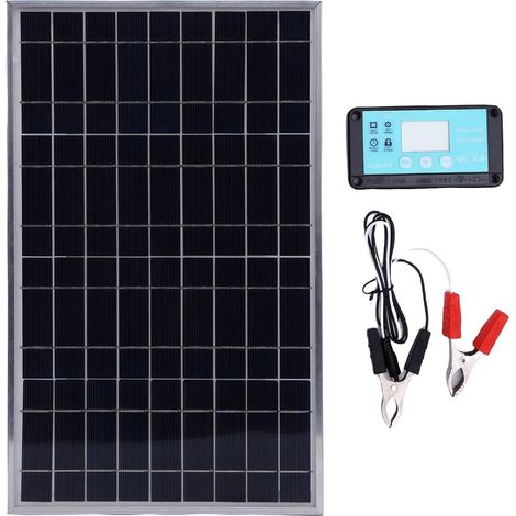 Kit de Panneau Solaire, 100W Panneau Monocristallin 12V 10-50A Contrôleur de Charge Solaire avec Clips de Batterie pour RV, Camping-car, Lumières Extérieures, Caravane, Moto (1/5)