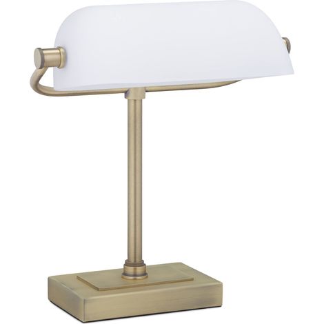 Lampe de banquier, Abat-Jour Verre inclinable, Pied en métal, Bureau, E14, rétro, bibliothèque, Blanc-Laiton (1/5)