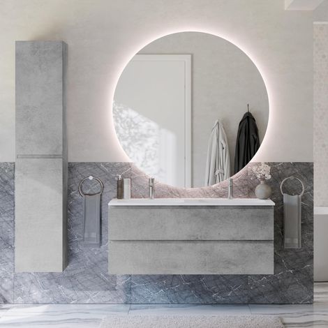BERNSTEIN - Ensemble meuble vasque 120x46x50cm + Armoire Colonne 35x35x170cm & Miroir LED dimmable Ø120cm - Gris béton - AVA