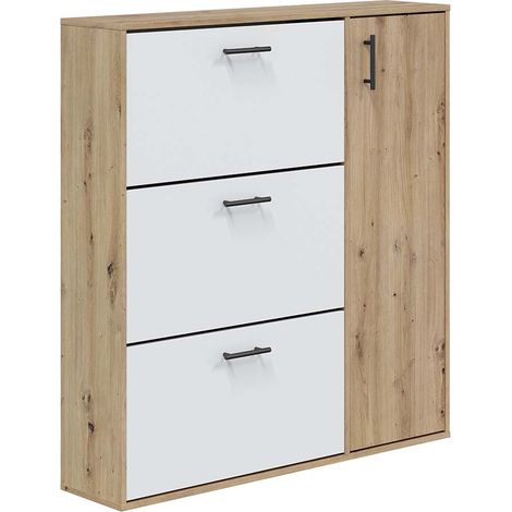 Meuble à chaussures avec 1 porte et 3 abattants coloris Blanc/chêne - Longueur 112 x Hauteur 105 x Profondeur 24 cm (1/5)