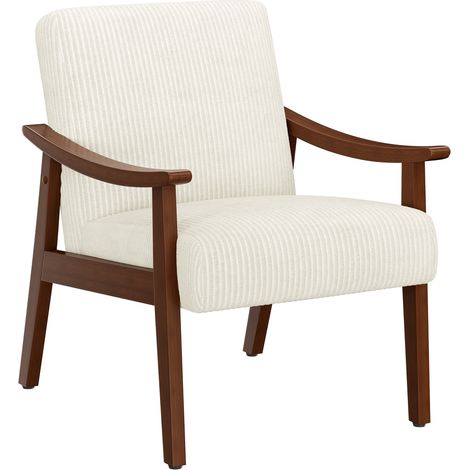 Yaheetech – Fauteuil relax ergonomique en bois d'hévéa – Assise épaisse 14 cm – Dossier rembourré – Patins ajustables – Beige 62×70,5×74 cm (1/5)