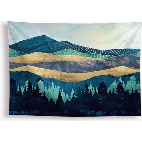 Tapisserie Montagne Forêt Paysage Naturelle Décor Arbre Coucher Soleil Art Mural pour Salon Chambre (210x150 cm)