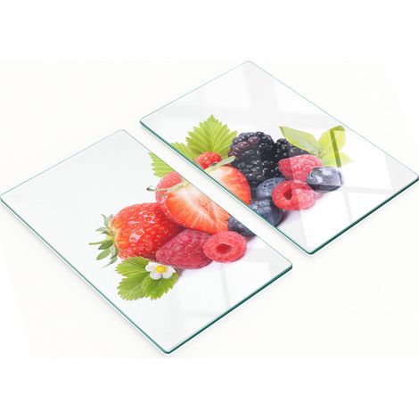 Juego de dos tablas de cocina decorativas de cristal con dise帽o de frutos del bosque, 2x30x52 cm.