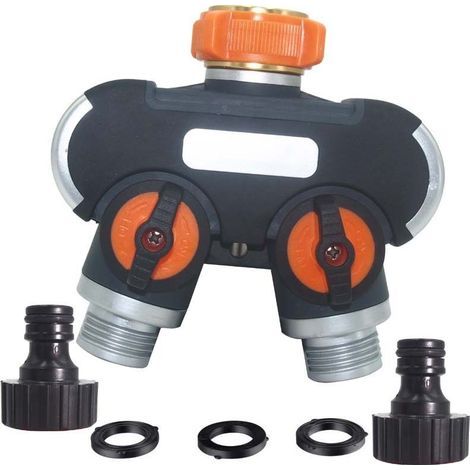Répartiteur d’eau 2 voies pour tuyau d’arrosage – Séparateur réglable et verrouillable avec débit ajustable, 2 raccords + 4 joints en caoutchouc pour irrigation de jardin (1/5)