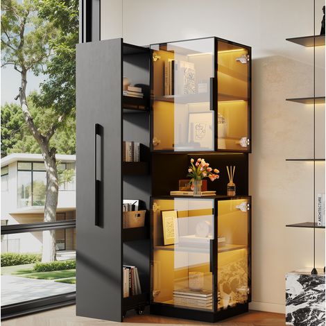 Vitrine haute 70 x 38 x 160 cm en MDF et verre, avec éclairage LED, noire OKMYHOME (1/5)