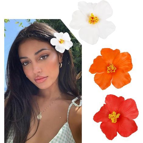 Ensemble de trois pinces à cheveux en frangipanier, fleurs hawaïennes et hibiscus, pinces à cheveux artificielles pour les fêtes de plage. (1/4)