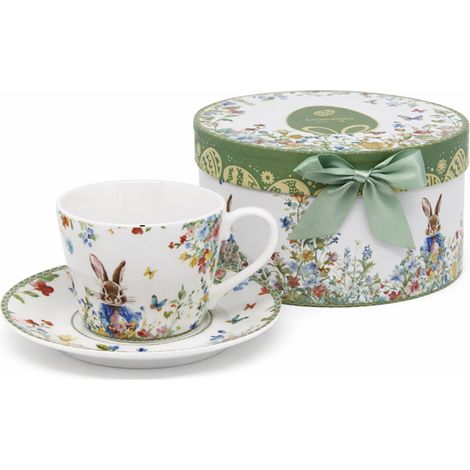 Tazza in porcellana con piattino da 230 ml, confezione regalo con coniglietto pasquale. (1/5)