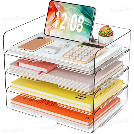 Set mit 4 stapelbaren, transparenten A4-Ablageboxen aus Acryl Stabile Ablageboxen – für Zeitschriften, Notizen, Papiere, Bücher, Rechnungen, iPads – Großes Fassungsvermögen, U-förmige Öffnung, ideal (1/5)