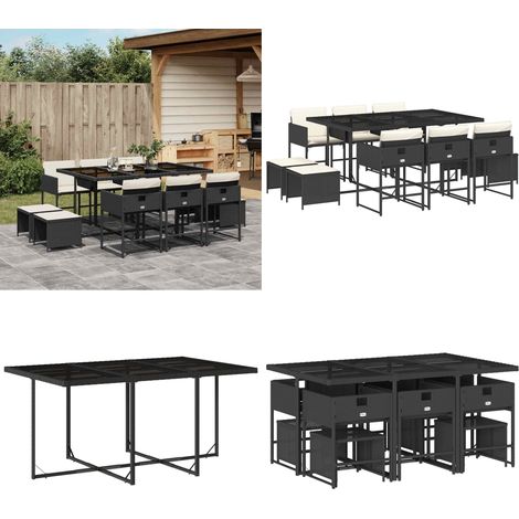 11-tlg. Garten-Essgruppe mit Kissen Schwarz Poly Rattan - Gartenmöbel Set - Gartentisch - Gartenstühle - Gartenhocker - Rattan Möbel - Home & Living