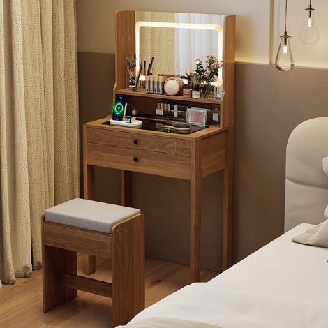 Costway – Coiffeuse moderne avec miroir et tabouret – 3 modes d'éclairage réglables – Multiprise intégrée – 2 tiroirs et étagère ouverte – 64 x 40 x 132 cm (1/5)