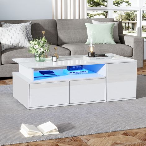 Mesa de centro 100x50x35 cm blanca en aglomerado con LED, 2 cajones y 9 compartimentos (1/5)