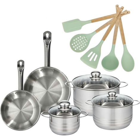 Lot 2 Poêles 20/24cm et 3 Faitouts 16/20/24cm Fackelmann Etherna avec 5 ustensiles (1/5)