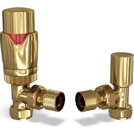 Derry Bold - Polished Brass Thermostatic Radiator Valve & Lockshield Angled 8mm